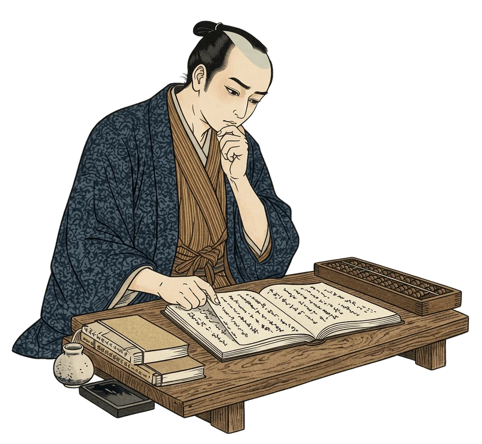 文机で思案する浮世絵風の侍のイラスト