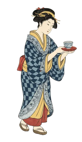 お茶を運ぶ着物姿の女性のイラスト