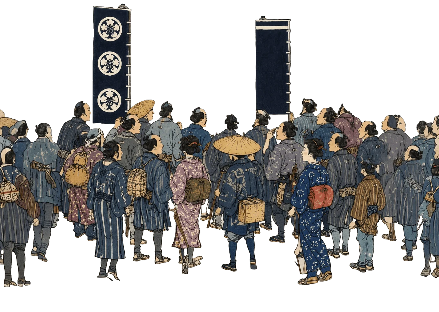 幟を掲げる江戸の群衆のイラスト